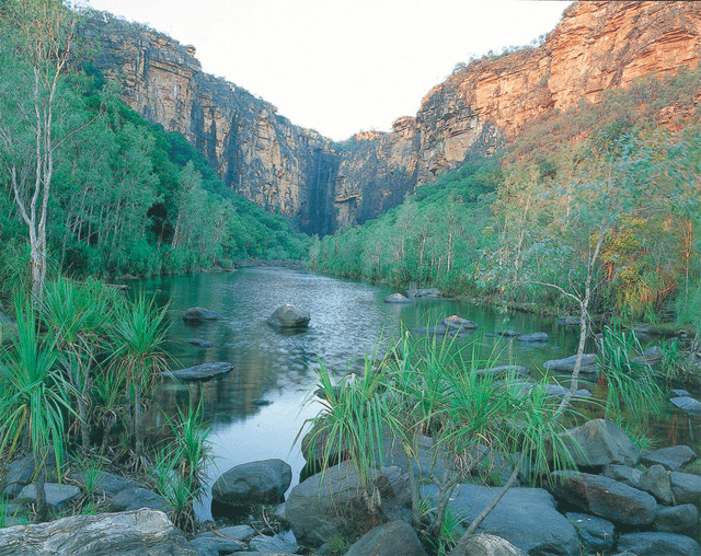 Majestic scenery at Jim Jim Falls walking to the Jim Jim Plunge Pool in Kakadu National Park Australia