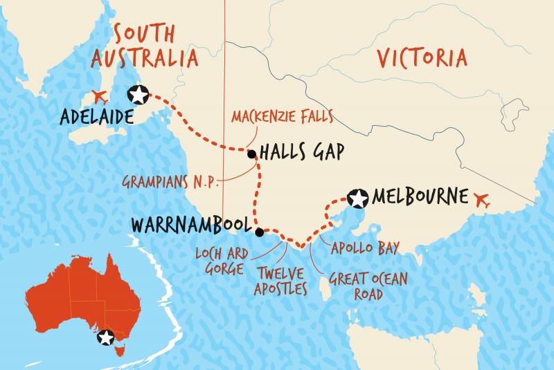 Melbourne  to Adelaide map on tour 
