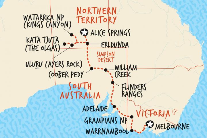 Map of our Melbourne to Alice Springs tour