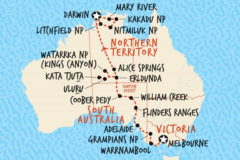 Map of our Melbourne to Darwin tour