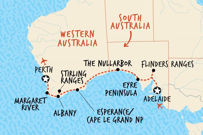 Map of our 10 day tour Adelaide to Perth