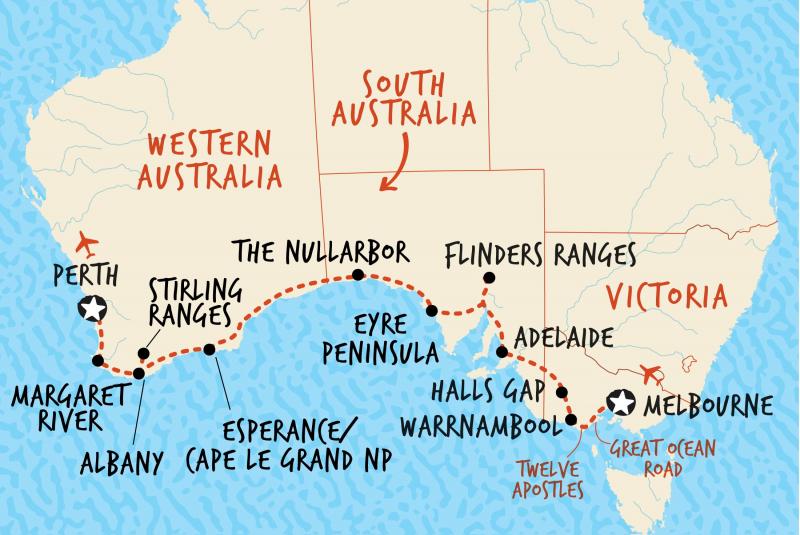 Map of our 13 day tour Melbourne to Perth