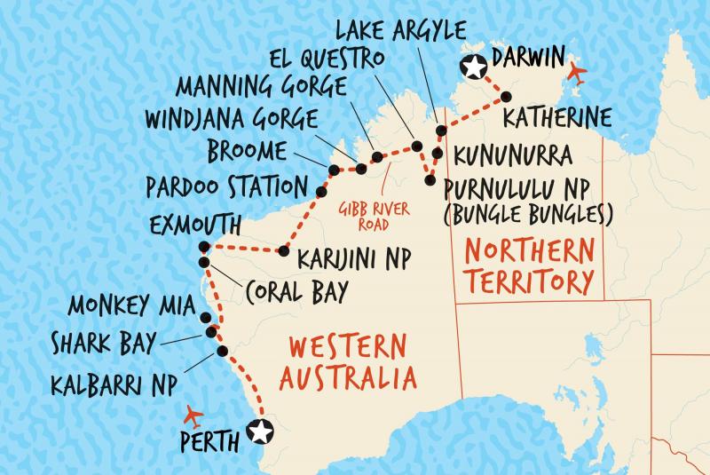 Map of our 22 day tour Perth to Darwin 