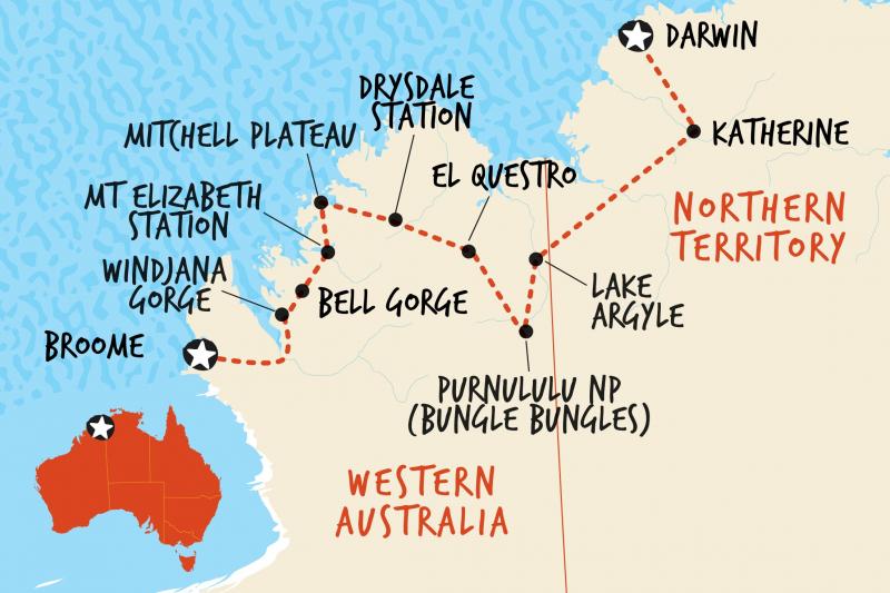 15 Day adventure tour Broome to Darwin map