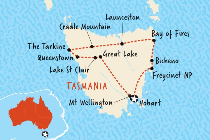 Suggested itinerary - Map of our Adventure 6 day tour around Tasmania from Hobart