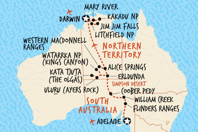 Adeliade to Darwin map on tour 
