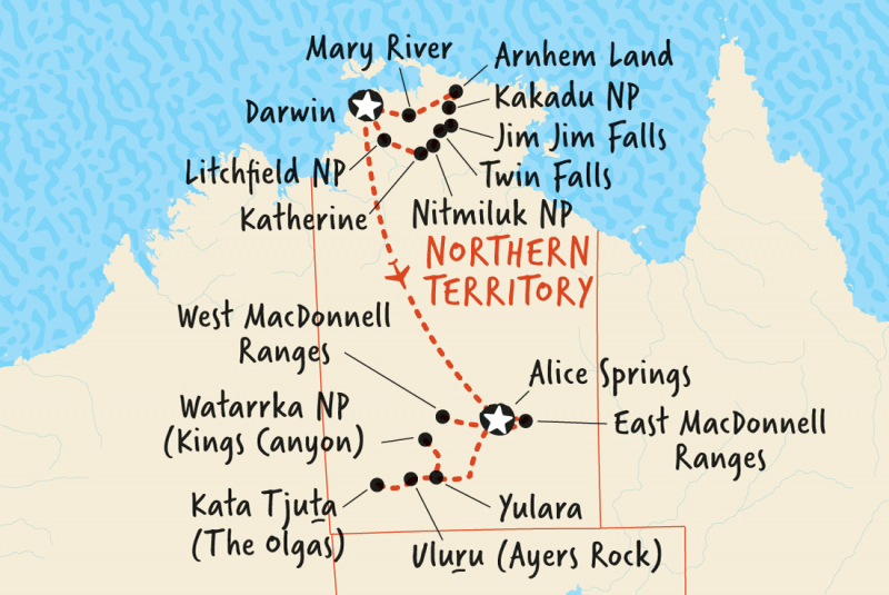 Tour map of this Darwin to Alice Springs tour 