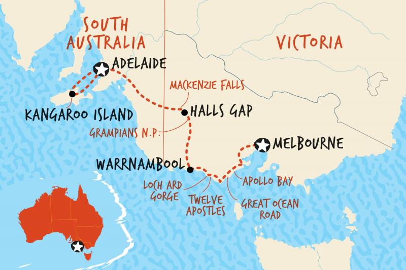 Map of our Adeliade to Melbourne adventure tour