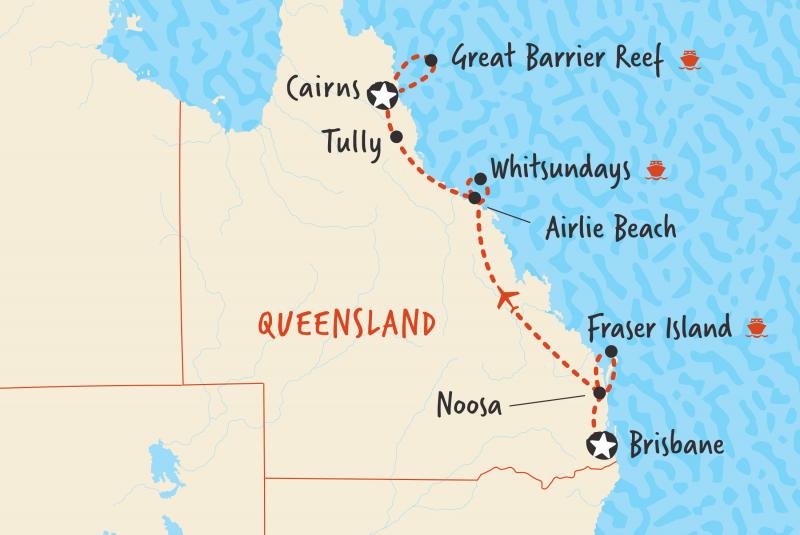 Our map of our 7 day tour in comfort from Brisbane to Cairns