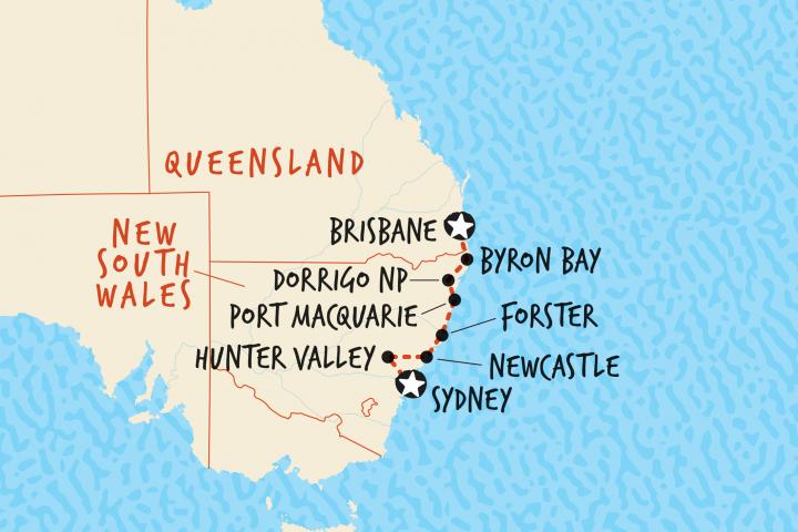 Our map of our 7day tour in comfort from Sydney to Brisbane