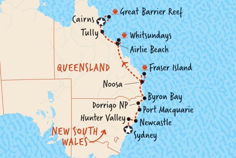 Our map of our 14 day tour in comfort from Sydney to Cairns